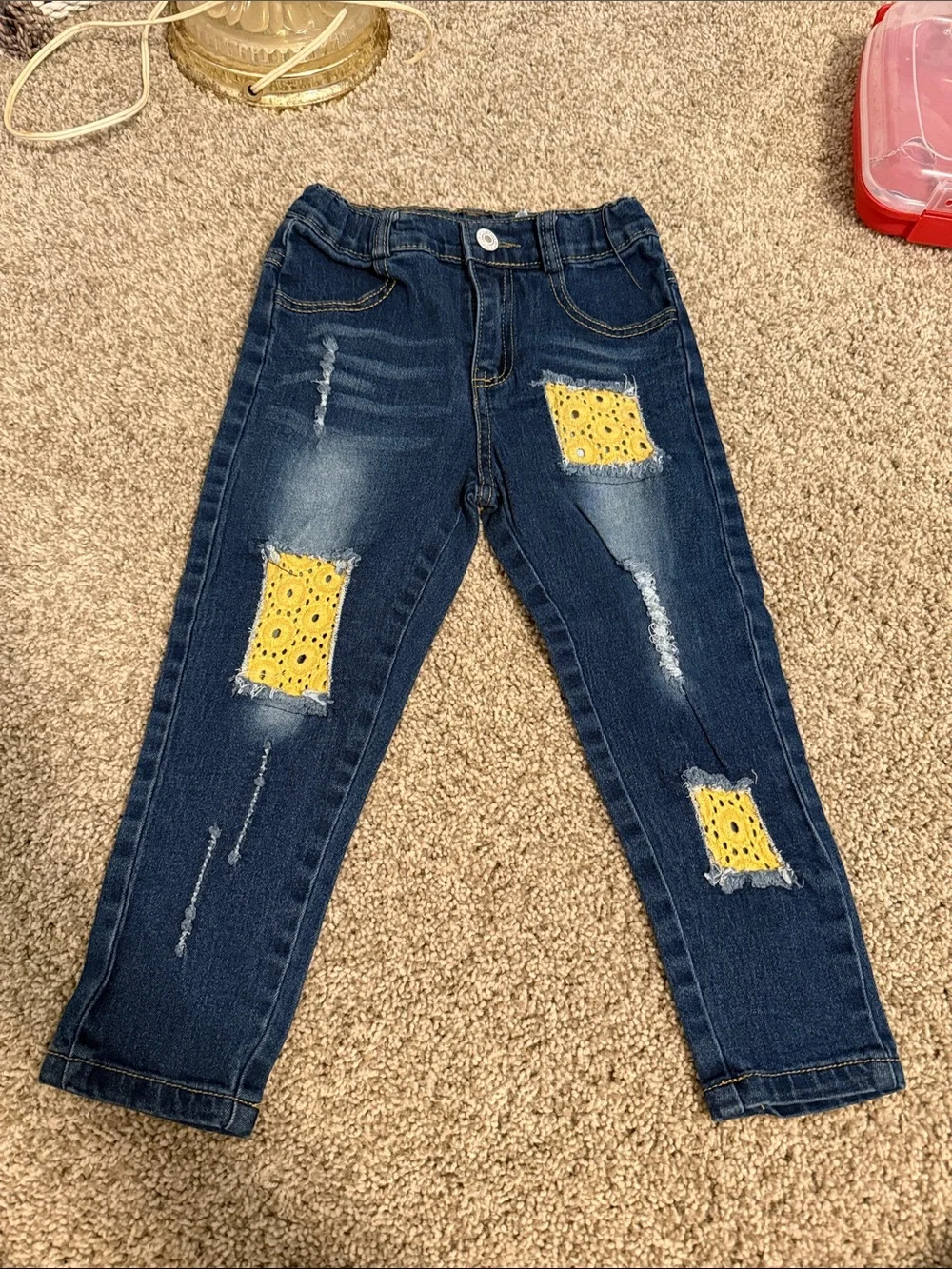 Dark Wash Distressed Kids Jeans with Yellow Eyelet Patches